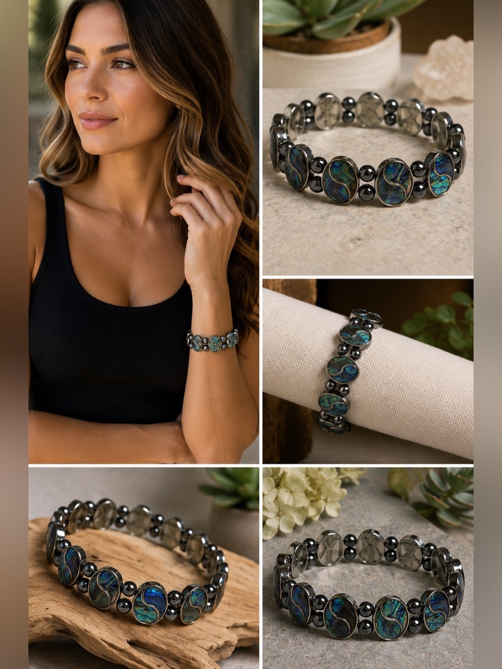 Equilibrium Chakra Abalone & Hematite Oval Disc Stretch Bracelet